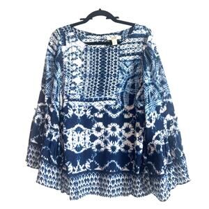Vintage America Blue and White Tie Dye, Boho Print, Dramatic Sleeves Blouse